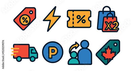Flat vector icons of shopping promotions: discount tag, flash sale, coupon code, buy one get one, free shipping, loyalty points, referral bonus, seasonal sale.