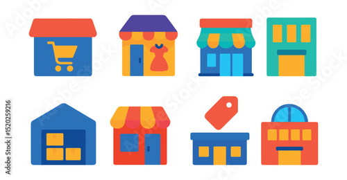 Flat vector icons of retail store types: supermarket, boutique, convenience store, department store, warehouse, pop-up shop, outlet, mall.