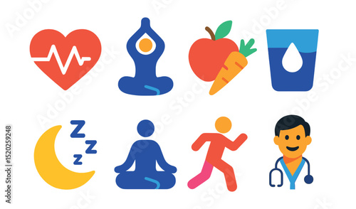 Flat vector icons of happiness and health: heart pulse, yoga pose, healthy food, fresh water, sleep, meditation, running, smiling doctor.