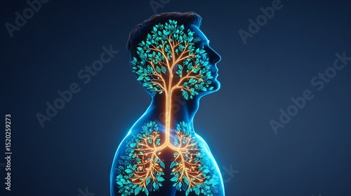 33 year old male enjoying aromatherapy inhalation with a cyanotype outline showing a glowing depiction of decreased respiratory inflammation in the bronchi
