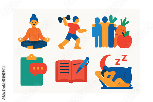 Flat vector icons of coping strategies: meditation, exercise, social support, healthy eating, therapy, journaling, relaxation techniques, sleep hygiene.