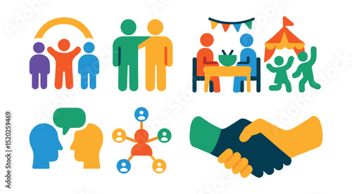 Flat vector icons of social inclusion: community gathering, friendship, shared meal, celebration, cultural festival, dialogue, support network, diversity handshake.