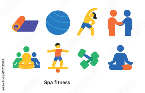 Flat vector icons of spa fitness activities: yoga mat, pilates ball, stretching, personal trainer, group class, balance board, dumbbells, meditation session.