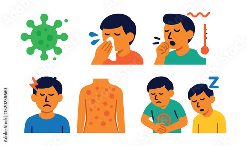 Flat vector icons of common diseases: flu virus, cold symptoms, cough, fever, headache, rash, stomach ache, fatigue.
