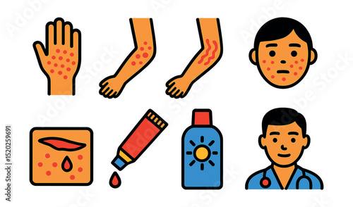 Flat vector icons of skin diseases: rash, eczema, psoriasis, acne, wound, ointment, sun protection, dermatologist.