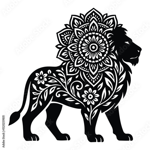 Majestic Lion Silhouette with Mandala Mane and Floral Body Pattern