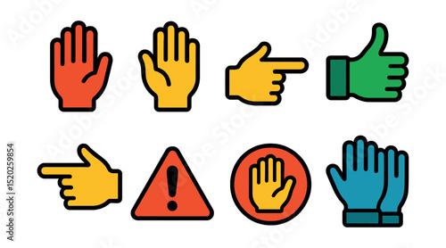 Flat vector icons of hand signals for traffic and safety: stop hand, wave to slow, pointing direction, thumbs up for go, hand signaling turn, hazard warning, emergency stop, safety gloves.