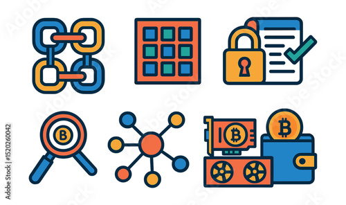 Flat vector icons of blockchain data analysis: blockchain chain links, distributed ledger, cryptographic lock, smart contract, token analytics, node network, mining rig, crypto wallet.
