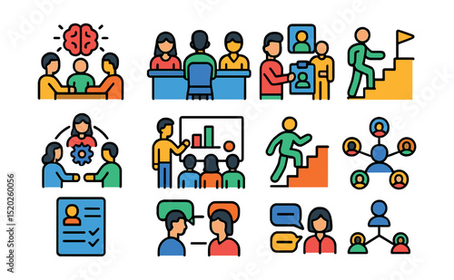Flat vector line icons of teamwork and HR: group brainstorming, interview panel, employee onboarding, team collaboration, office presentation, promotion ladder, resume checklist, staff communication,