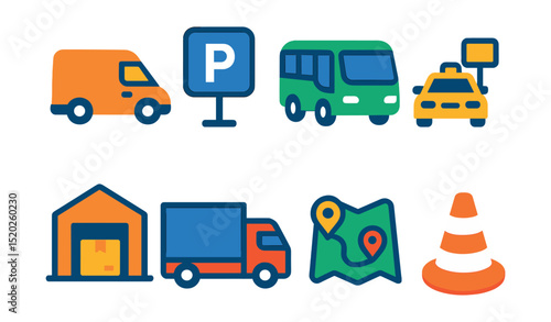 Flat vector icons of event logistics and transport: delivery van, parking lot, shuttle bus, taxi stand, loading dock, freight truck, route map, traffic cone.