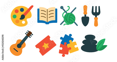 Flat vector icons of hobbies and relaxation: painting palette, book reading, knitting needles, gardening tools, guitar, movie ticket, puzzle pieces, spa stones.