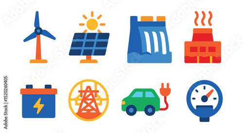 Flat vector icons of renewable energy tech: wind turbine, solar panel, hydroelectric dam, geothermal plant, energy storage battery, smart grid, electric car charging, energy meter.