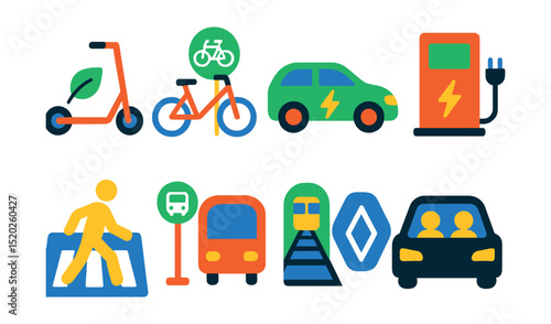 Flat vector icons of eco-friendly transportation: electric scooter, bike sharing, electric car, charging station, pedestrian crossing, bus stop, metro train, carpool lane.