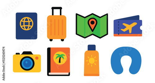 Flat vector icons of travel essentials: passport, suitcase, travel map, airplane ticket, camera, travel guidebook, sunscreen, travel pillow.