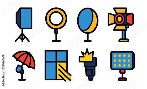 Flat vector icons of photography lighting: softbox, ring light, reflector, spotlight, umbrella light, natural window light, flashgun, LED panel.
