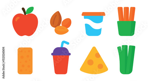 Flat vector icons of healthy snacks: apple, nuts, yogurt cup, carrot sticks, granola bar, smoothie, cheese slice, celery sticks.