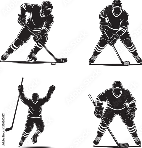 Ice hockey Player silhouette set vector illustration isolated On Transparent Background