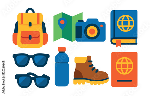 Flat vector icons of travel essentials: backpack, map, camera, travel guide, sunglasses, water bottle, hiking boots, passport.