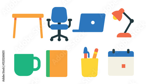 Flat vector icons of home office setup: desk, ergonomic chair, laptop, desk lamp, coffee mug, notebook, pen holder, calendar.