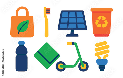 Flat vector icons of eco-friendly products: reusable bag, bamboo toothbrush, solar panel, compost bin, water bottle, cloth napkin, electric scooter, energy-saving bulb.