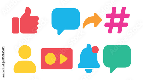 Flat vector icons of social media interactions: like button, comment bubble, share arrow, hashtag, follower icon, live video, notification, chat bubble.