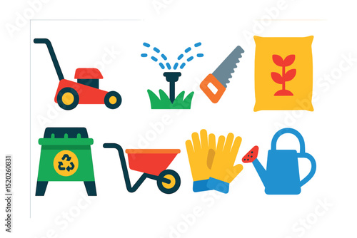 Flat vector icons of garden maintenance: lawn mower, sprinkler, pruning saw, fertilizer bag, compost bin, wheelbarrow, gloves, watering can.