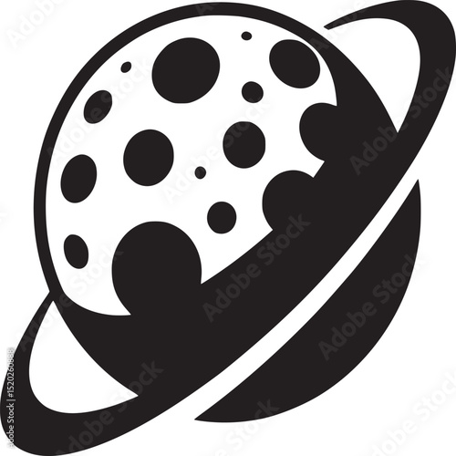 Black and white graphic of a planet with rings and circular spots on a white background design space