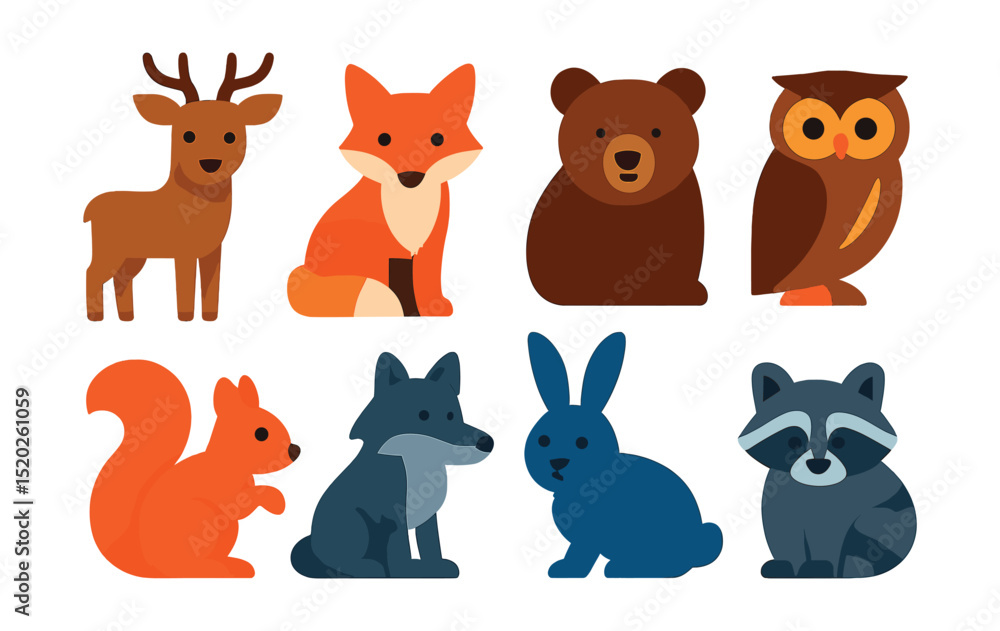 Flat vector icons of forest animals: deer, fox, bear, owl, squirrel, wolf, rabbit, raccoon.