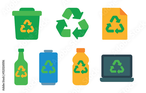 Flat vector icons of recycling symbols: recycle bin, recycling arrows, paper recycling, plastic recycling, glass recycling, metal recycling, compost bin, electronic waste.