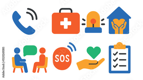 Flat vector icons of crisis support: helpline phone, first aid kit, emergency bell, safe shelter, counseling, SOS signal, support hand, checklist.
