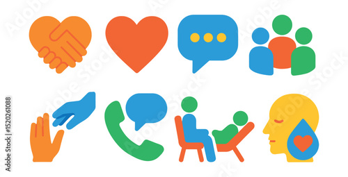 Flat vector icons of emotional support: hugging hands, heart, speech bubble, support group, helping hand, call support, therapy session, empathy icon.