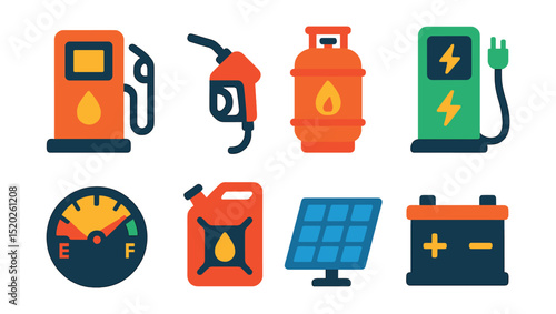 Flat vector icons of fuel and energy: gas pump, diesel nozzle, LPG tank, electric charger, fuel gauge, fuel canister, solar panel, battery.