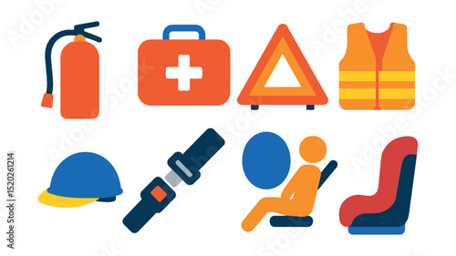 Flat vector icons of vehicle safety equipment: fire extinguisher, first aid kit, warning triangle, safety vest, helmet, seat belt, airbag, child car seat.