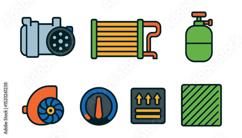 Flat vector icons of automotive air conditioning: compressor, condenser, evaporator, refrigerant tank, blower motor, thermostat control, vents, cabin filter.