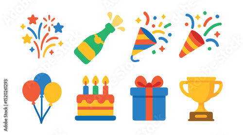 Flat vector icons of celebratory symbols: fireworks, champagne bottle popping, party popper, confetti cannon, balloons bouquet, cake with candles, gift box, trophy.