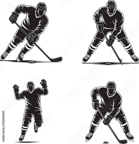 Ice hockey Player silhouette set vector illustration isolated On Transparent Background