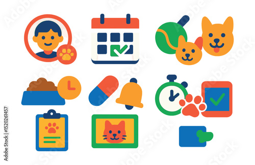Flat vector icons of pet sitting services: sitter profile, calendar booking, feeding schedule, playtime, medication reminder, walk timer, report card, pet photos.
