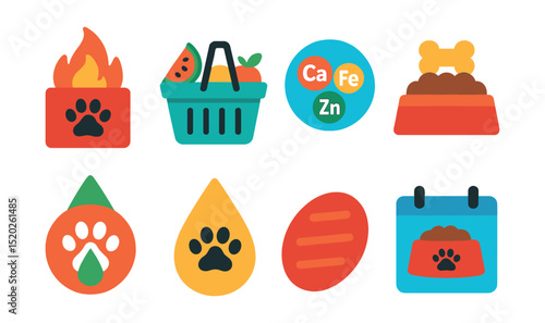 Flat vector icons of pet nutrition facts: calorie count, vitamins, minerals, protein, fats, carbohydrates, hydration, feeding schedule.
