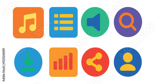 Flat vector icons of music apps: music player, playlist, volume control, search, download, equalizer, share, user profile.