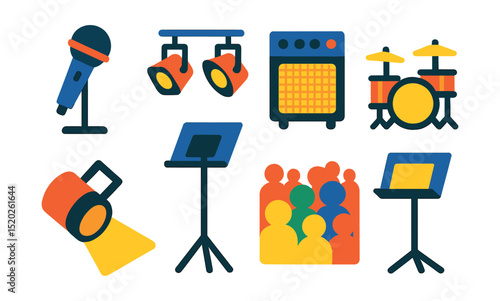Flat vector icons of live music performance: microphone, stage lights, guitar amp, drum set, music stand, crowd, spotlight, stage monitor.