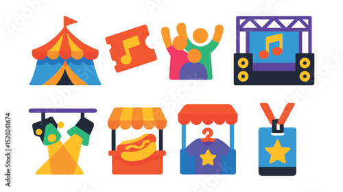 Flat vector icons of music festivals and concerts: festival tent, ticket, crowd, stage, lights, food stall, merchandise, VIP pass.