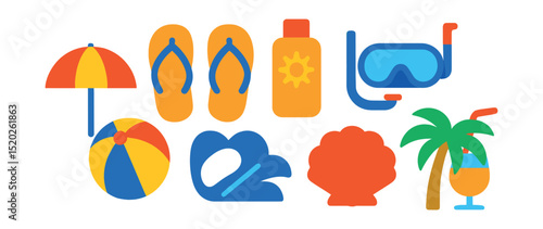 Flat vector icons of beach vacation: sun umbrella, beach ball, flip flops, sunscreen, snorkeling mask, seashell, palm tree, cocktail.