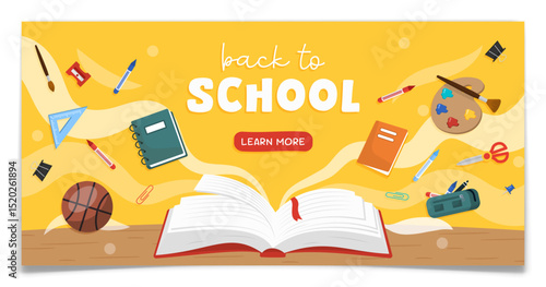 Back to School Banner with Open Book and Supplies.
