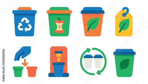 Flat vector icons of cup recycling: recycle bin, compost bin, biodegradable cup, eco label, waste sorting, refill station, reusable cup program, green coffee cup.