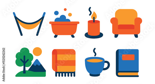 Flat vector icons of relaxation and happiness: hammock, bubble bath, scented candle, comfy chair, peaceful nature, cozy blanket, tea cup, book.
