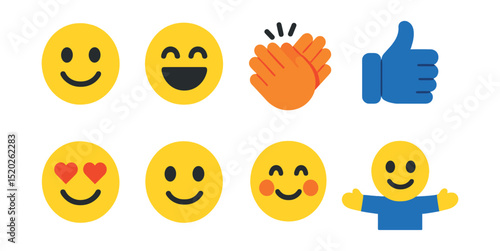 Flat vector icons of joyful expressions: smiling face, laughing eyes, clapping hands, thumbs up, heart eyes, wink, cheerful cheeks, open arms.