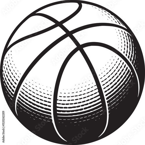 Illustration of a basketball with black lines and halftone shading on a gray background
