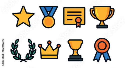 Flat vector icons of happiness and achievement: gold star, medal, certificate, trophy, winner’s cup, laurel wreath, crown, ribbon.