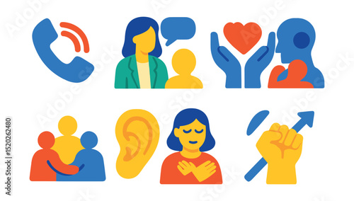 Flat vector icons of mental health support: hotline phone, counselor, heart hands, empathy, group support, listening ear, self-care, motivation.