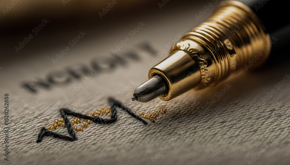 Fototapeta premium Close-up of golden pen writing on textured paper with black and gold ink, Generated with AI